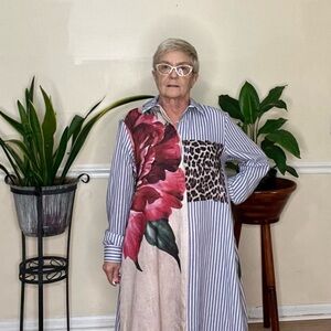Red and Pink Asymmetrical Ruffled Shirt Dress